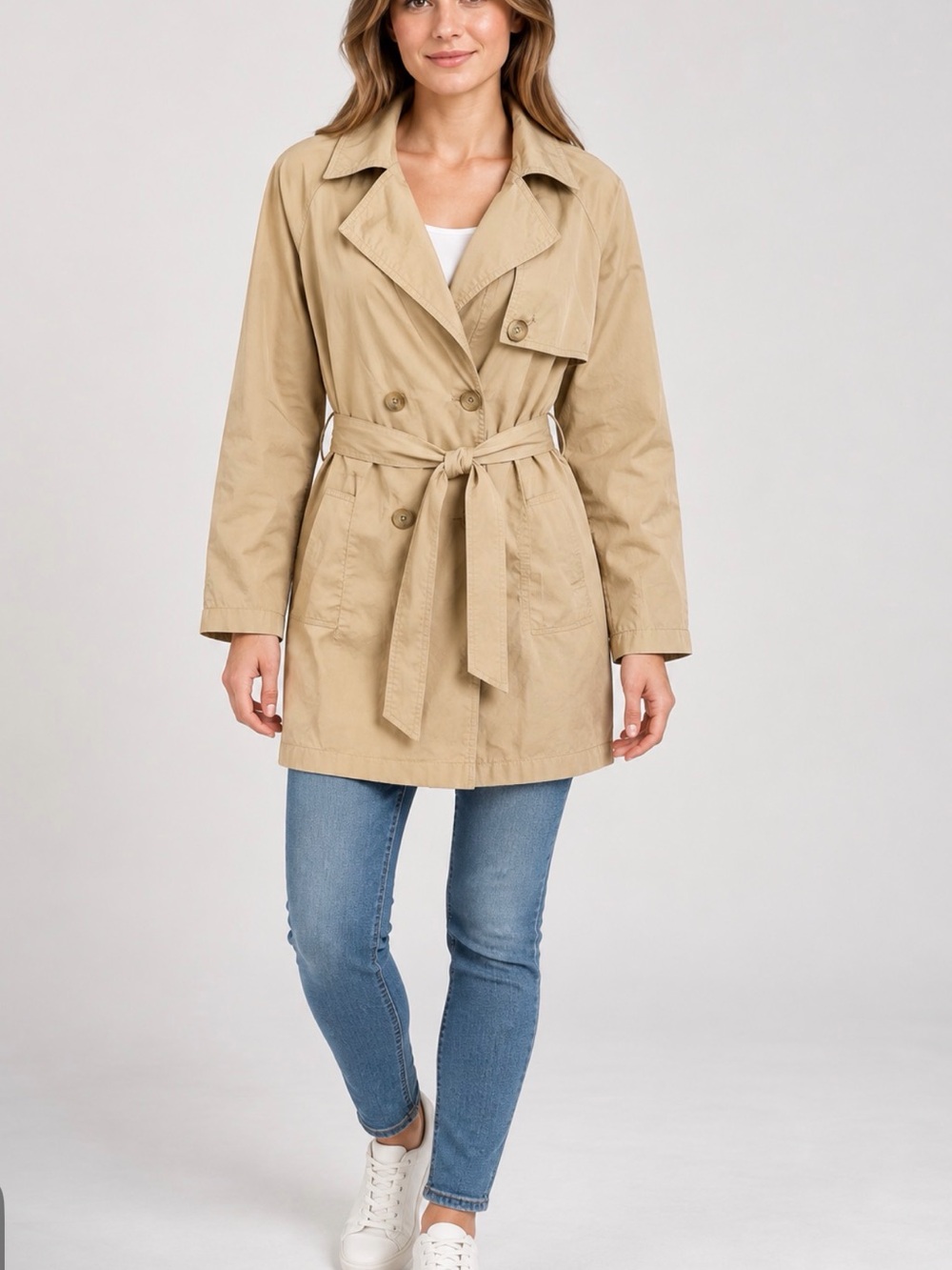 bp Beige Double-Breasted Trench Coat with Waist Tie